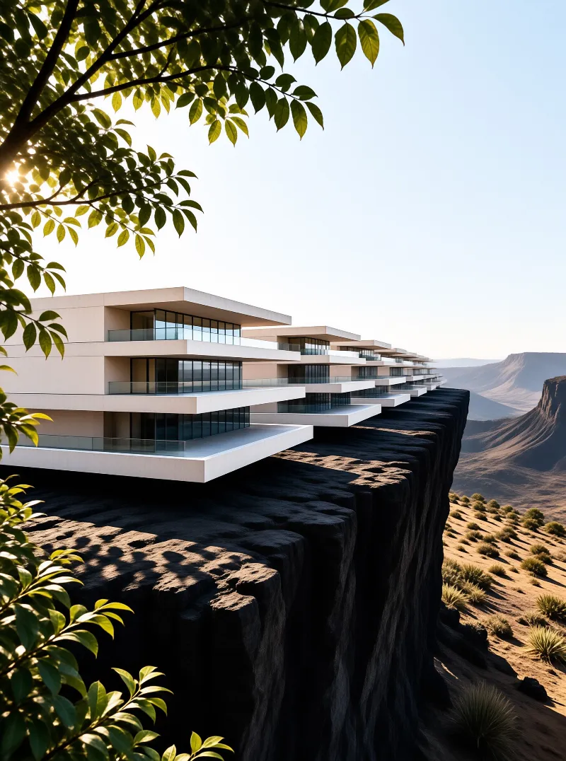 Stepped white residences overhang a dark cliff edge, overlooking sunlit desert flats and distant mesas, framed by sunlit green foliage.