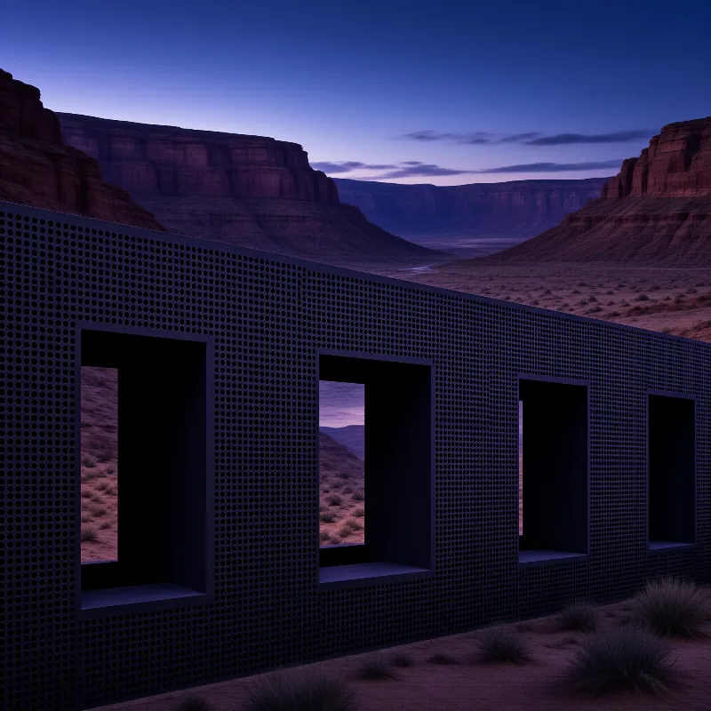 A dark perforated barrier with rectangular openings stands in a desert overlooking a canyon under a blue sky.