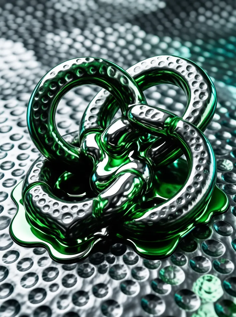 A shiny green knotted structure lies on a patterned metallic sheet with deep circular textures.
