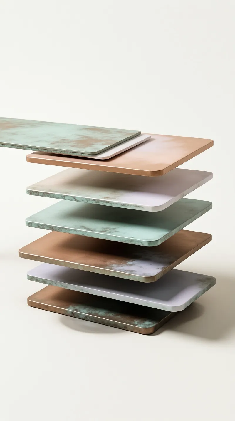Textured copper and teal plates hover in a staggered stack above a neutral white surface with soft shadows.