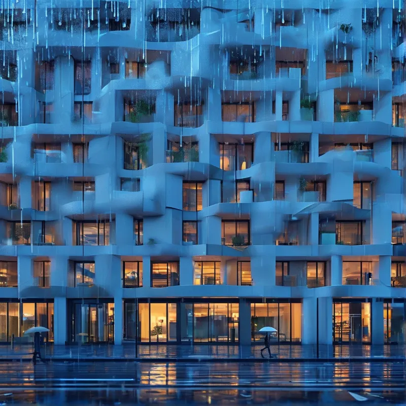 A tall building with wavy white balconies stands in rain, its warm lights contrasting with the cool blue exterior.