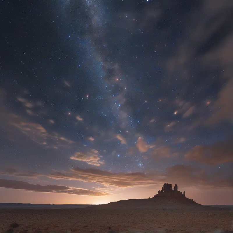 A tall rock formation rises from a dark plain beneath a star filled sky and warm sunset glow.