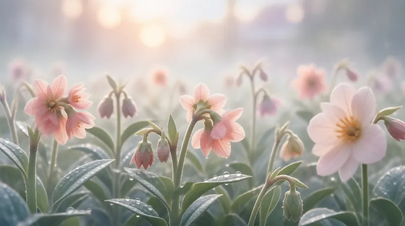 Misty Pink Flowers with Dew