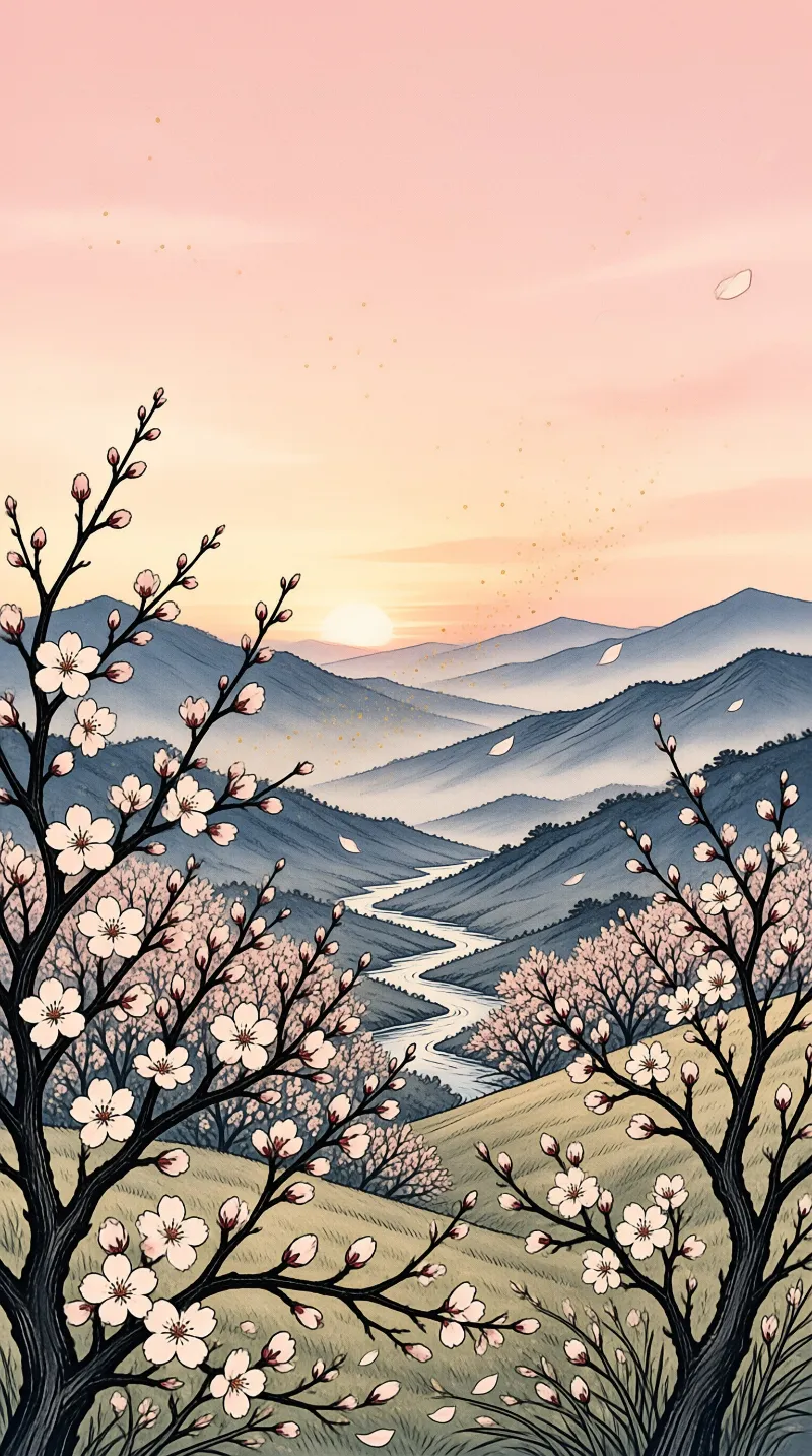 An illustrated valley of pink blossom trees and a winding stream under a soft sunrise.