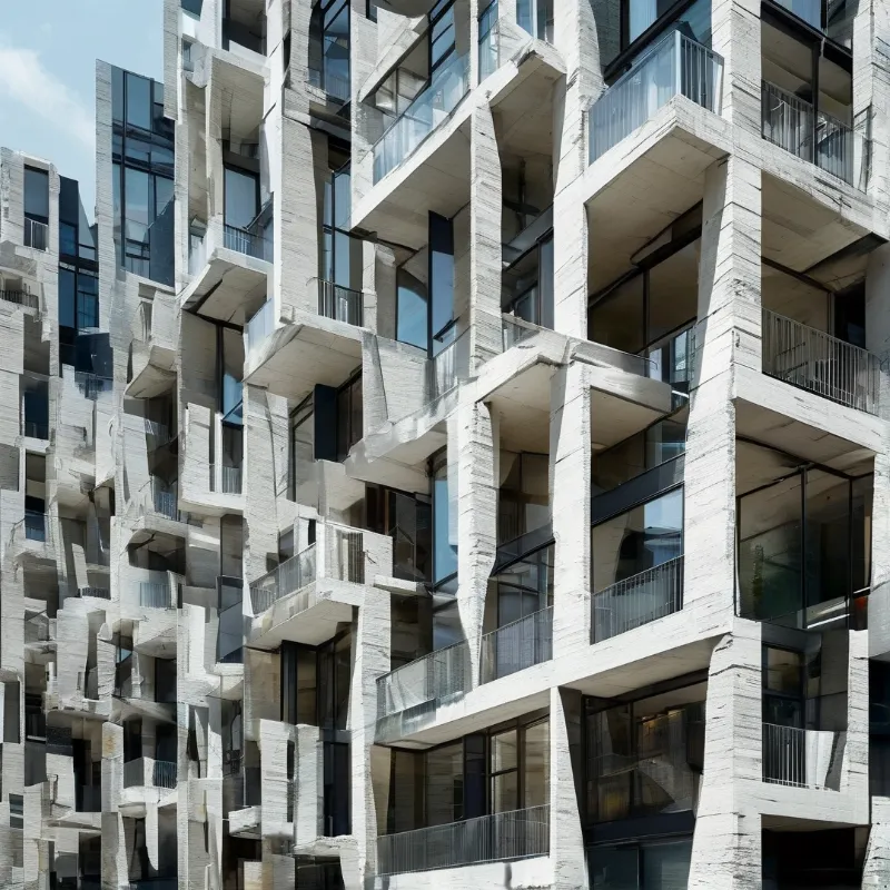 A deconstructivist apartment block with rough textured concrete surfaces, offset balconies and dark glass windows sits in bright daytime sunlight.