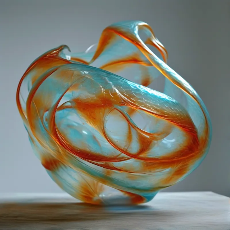 A translucent blown-glass form twists in ribbons of cyan and warm orange, catching soft light against a neutral grey wall.