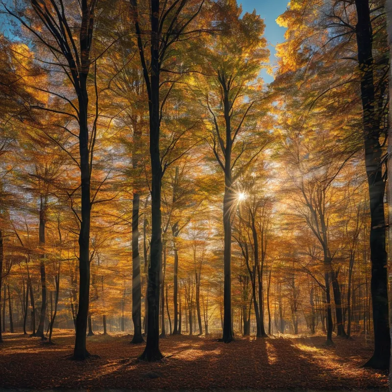 Tall slender autumn trees rise from a floor of fallen orange leaves as bright sunlight breaks through their golden canopies.