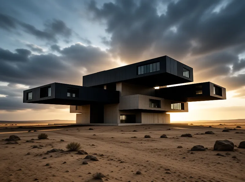 Black residential boxes float above a stone base in an empty desert, backlit by a low sun under heavy evening cloud.
