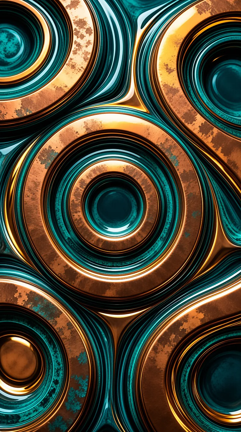 Interlocking rings with metallic copper and teal tones, featuring a glossy surface with textural variations.