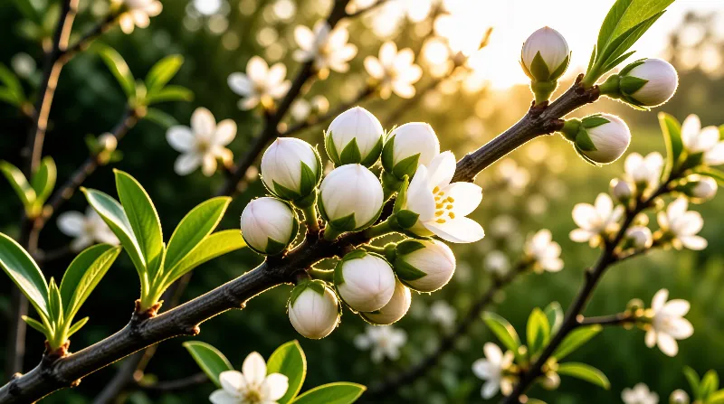 Several white flower buds and one open blossom rest on a dark branch with green leaves under warm sunlight.
