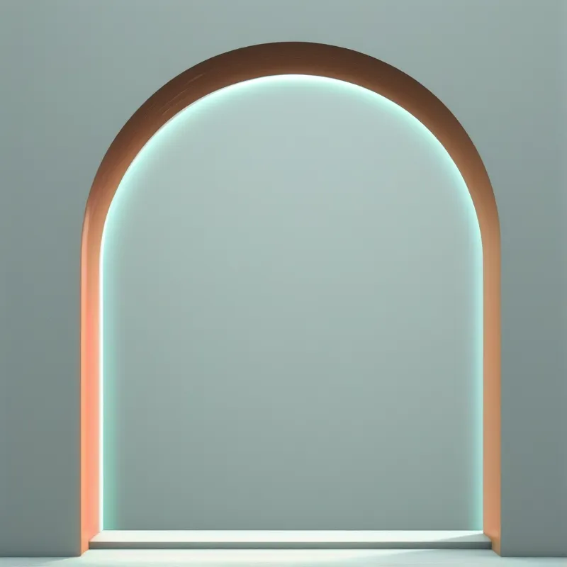 A curved metallic archway features glowing white interior lights and warm orange exterior highlights against a plain matte teal wall