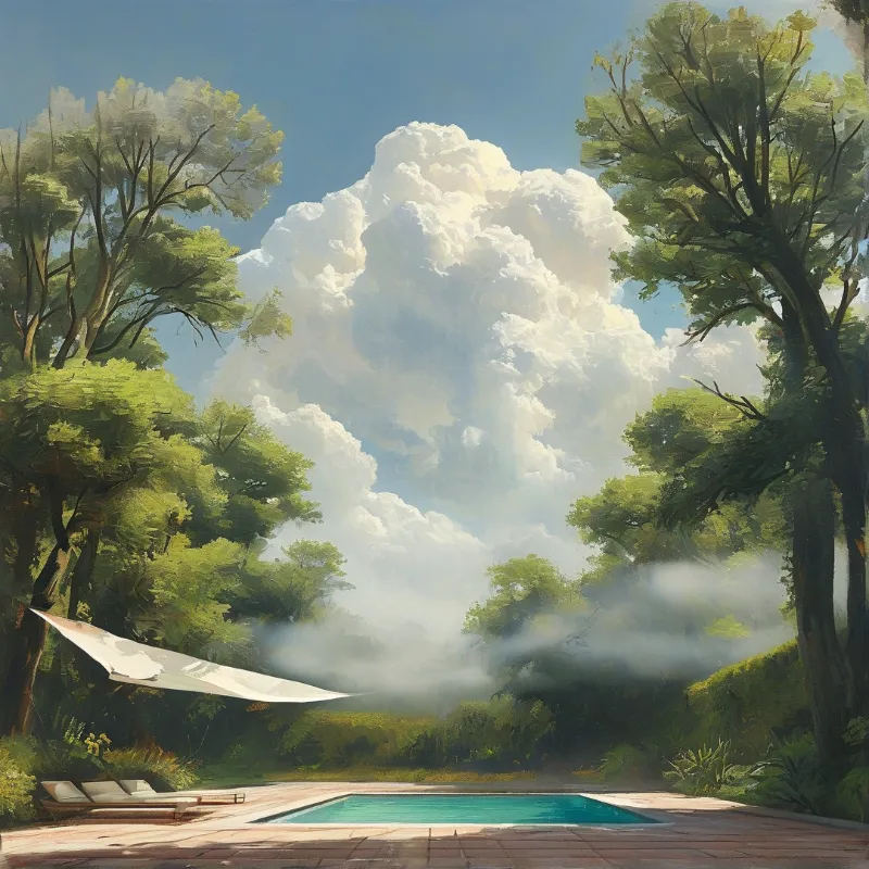 A quiet turquoise pool sits on a stone terrace while a huge cumulus crown floats over misty trees.