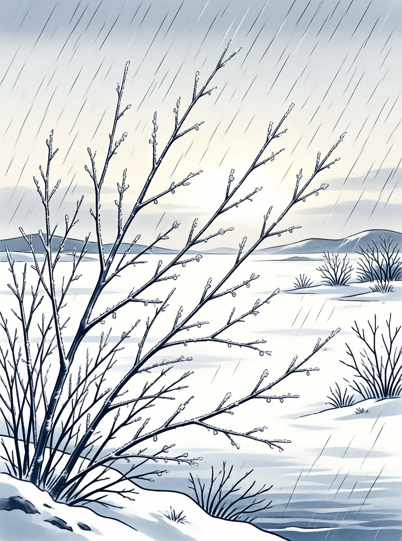 Bare branches in a snowy landscape under steady rain, with distant hills and sparse grass tufts.