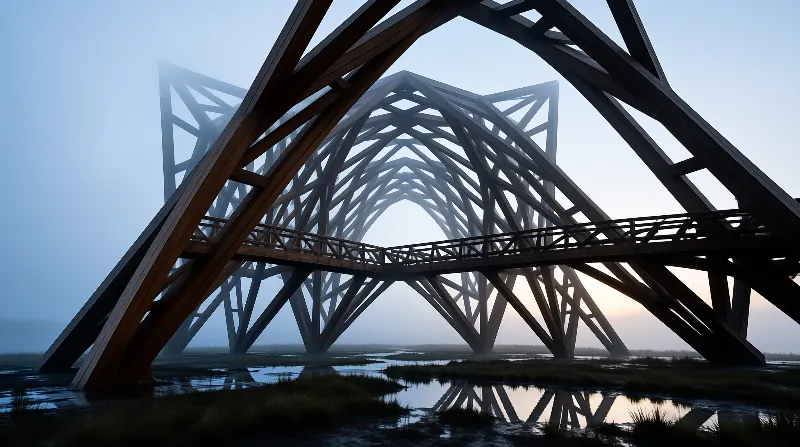 Repeating wooden trusses recede into morning mist above shallow water and tufts of reeds.