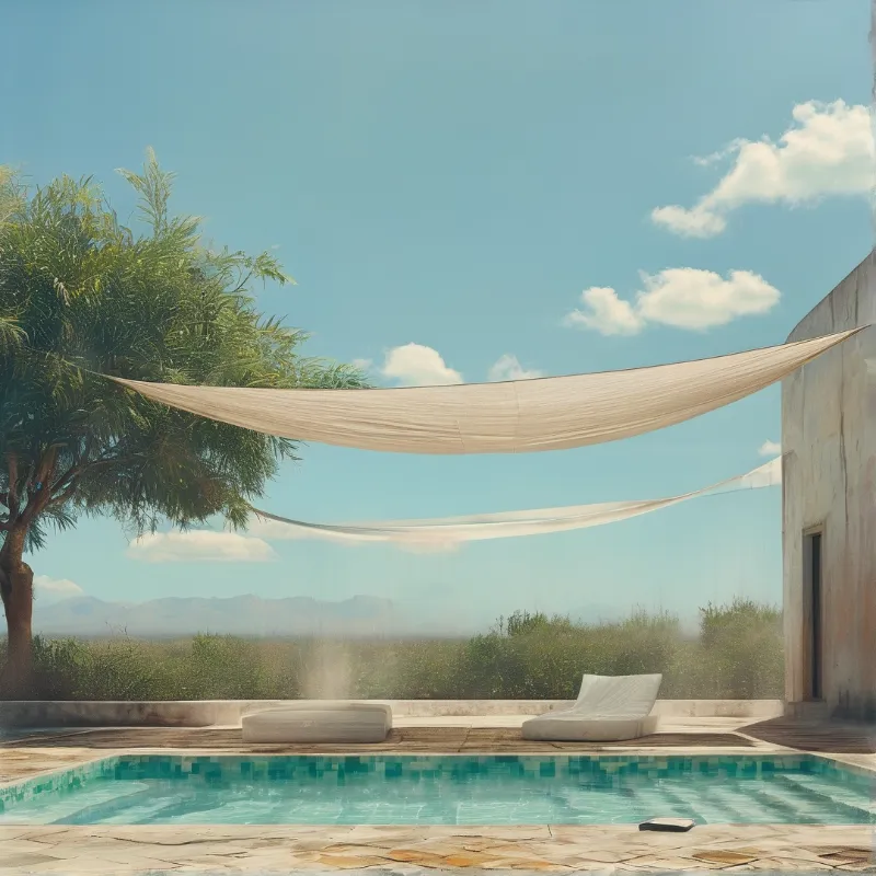 Pool area with wooden deck and white loungers beneath large beige shade sails under a bright blue sky with distant mountains.