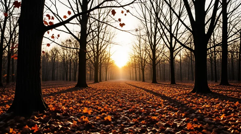 Rows of leafless trees line a path blanketed in orange maple leaves under low golden light.