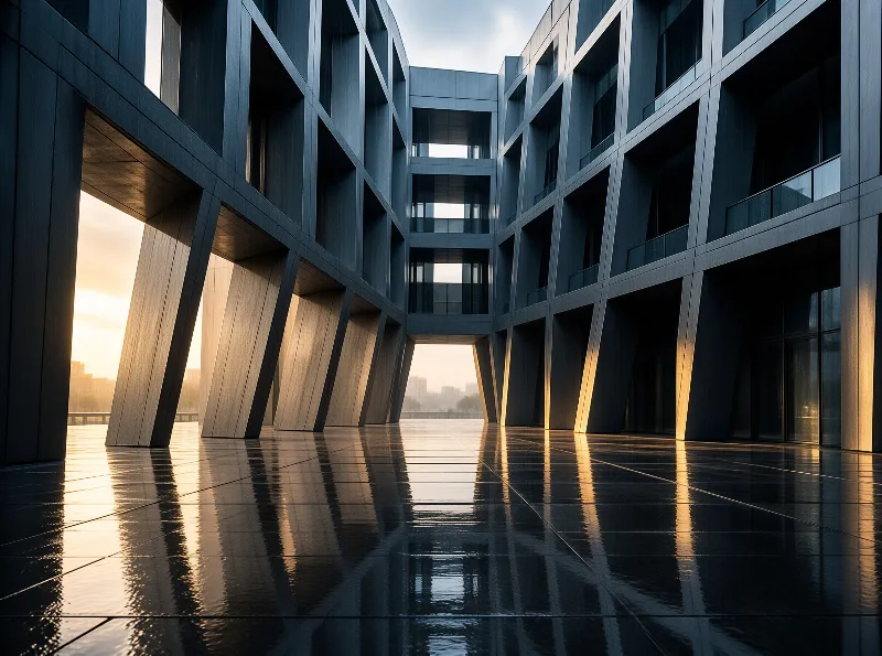 Angled concrete pillars frame a wet reflective courtyard bathed in warm golden sunset light with a distant city beyond