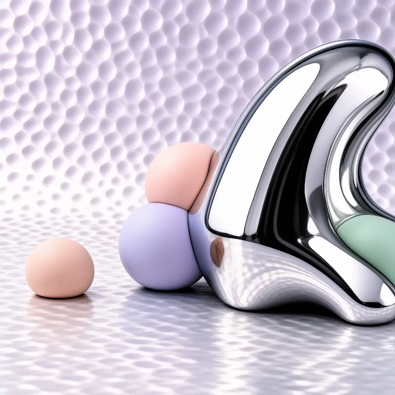 A mirror-finish metal form curves between matte peach and lilac balls on a bumpy pale violet set.
