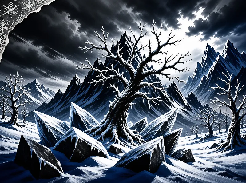 A bare, twisted tree covered in snow stands before jagged mountains under a stormy sky.