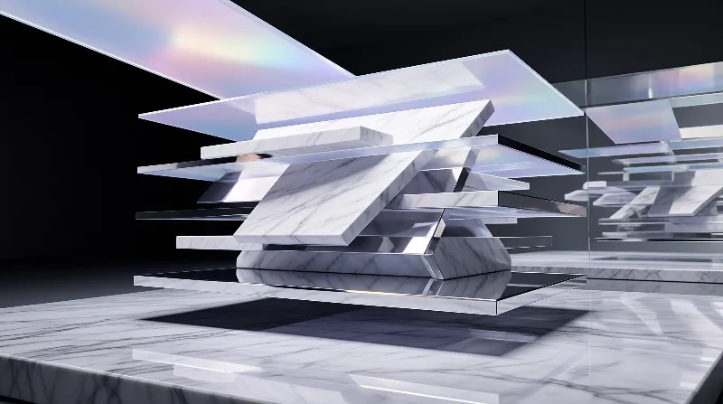 Stacked translucent iridescent and veined marble slabs form a floating geometric art installation on a polished stone platform in a dim black space.