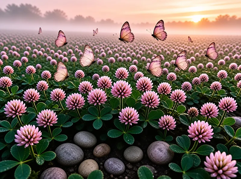 Flocks of translucent pink butterflies hover above a vast stretch of blooming clover, lit by warm hazy sunrise light.