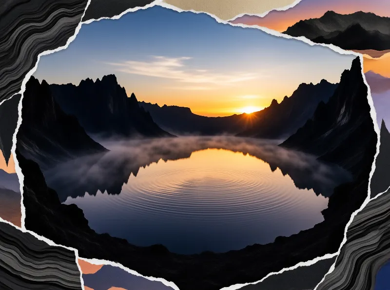 A rip in layered paper exposes a sunset mountain lake with ripples, ringed by rock strata and dusk sky fragments.