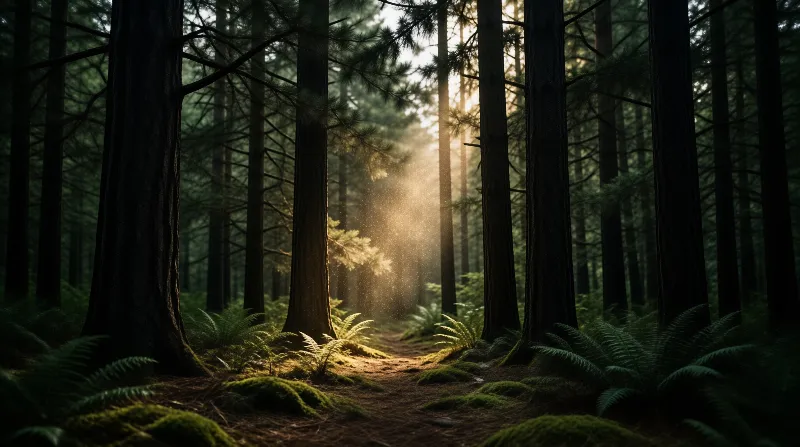 Tall dark tree trunks frame a central path where warm sunlight beams down onto mossy ground and ferns.