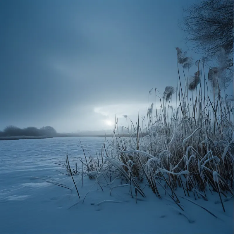 Tall frost covered grasses stand beside a smooth frozen lake under a pale blue misty sky.