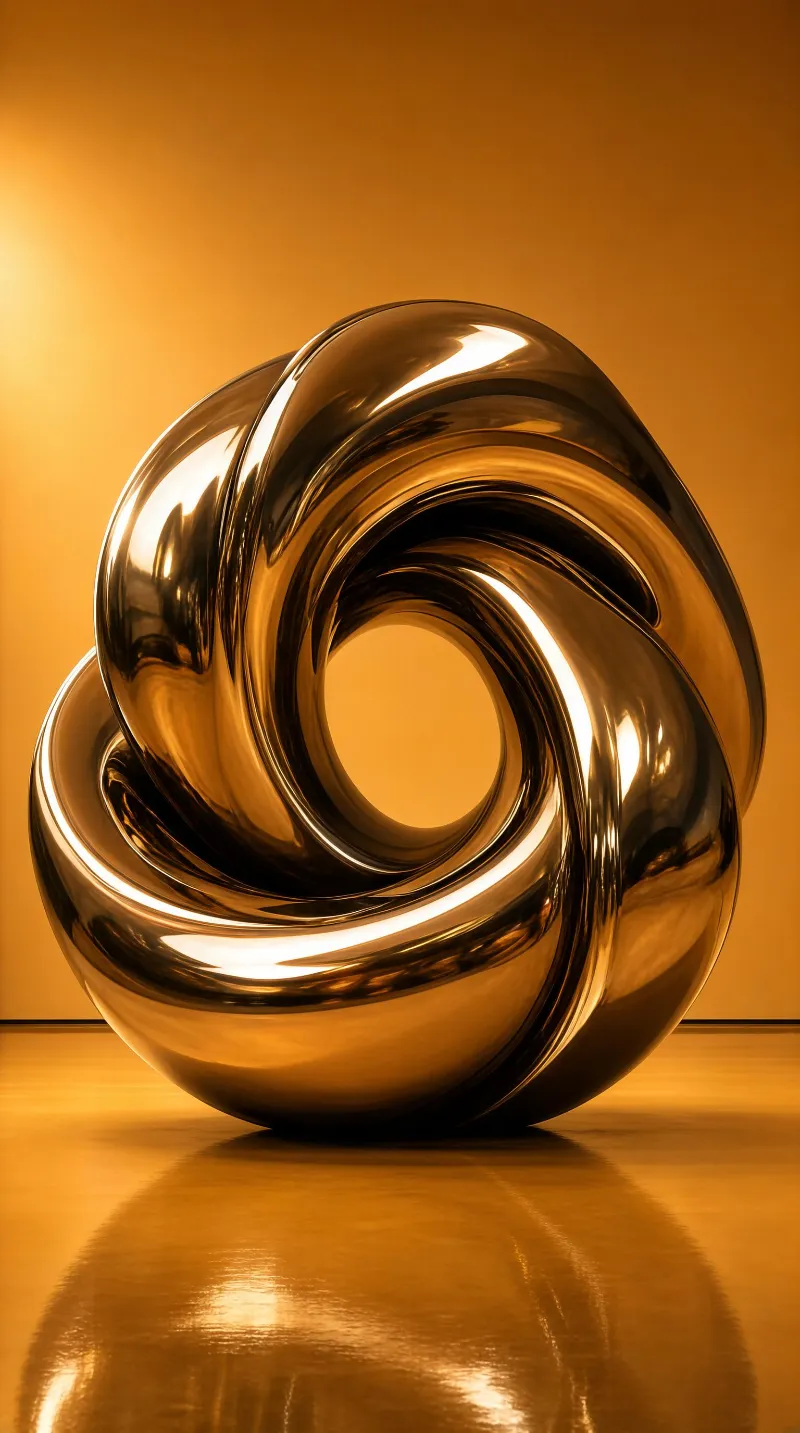 A metallic knot sculpture with a polished finish sits on a reflective surface in a warm, amber-colored studio under soft lighting.