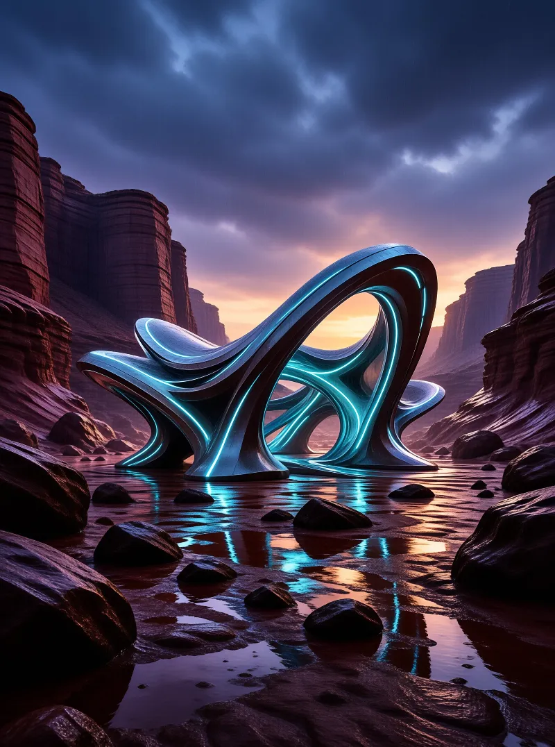 A futuristic blue illuminated arch stands within a rocky desert riverbed at sunset.