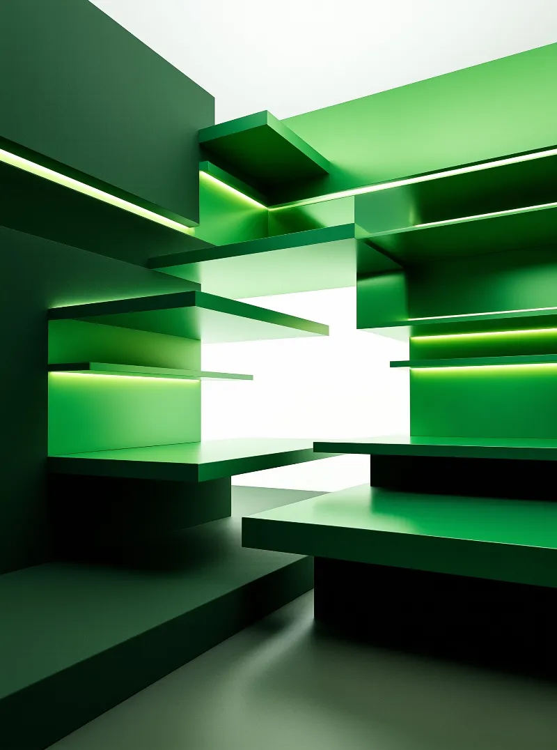 A layered angular green stair structure has glowing neon strips set into its geometric shelves, with a bright white opening at its core.