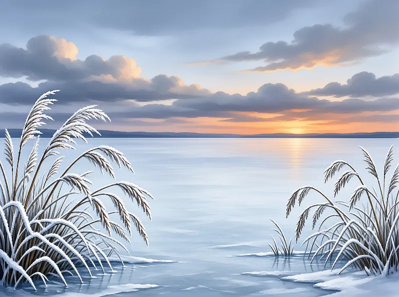 Tall grass covered in white frost stands near the edge of a frozen body of water under an orange and blue sky.