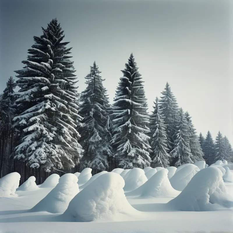 Tall coniferous trees laden with thick white snow stand against a pale overcast sky while large rounded drifts accumulate across the foreground ground.
