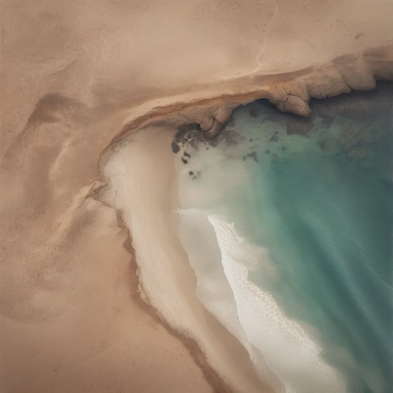 Light brown sand curves into clear turquoise water with white foam patterns visible along the shoreline edge.