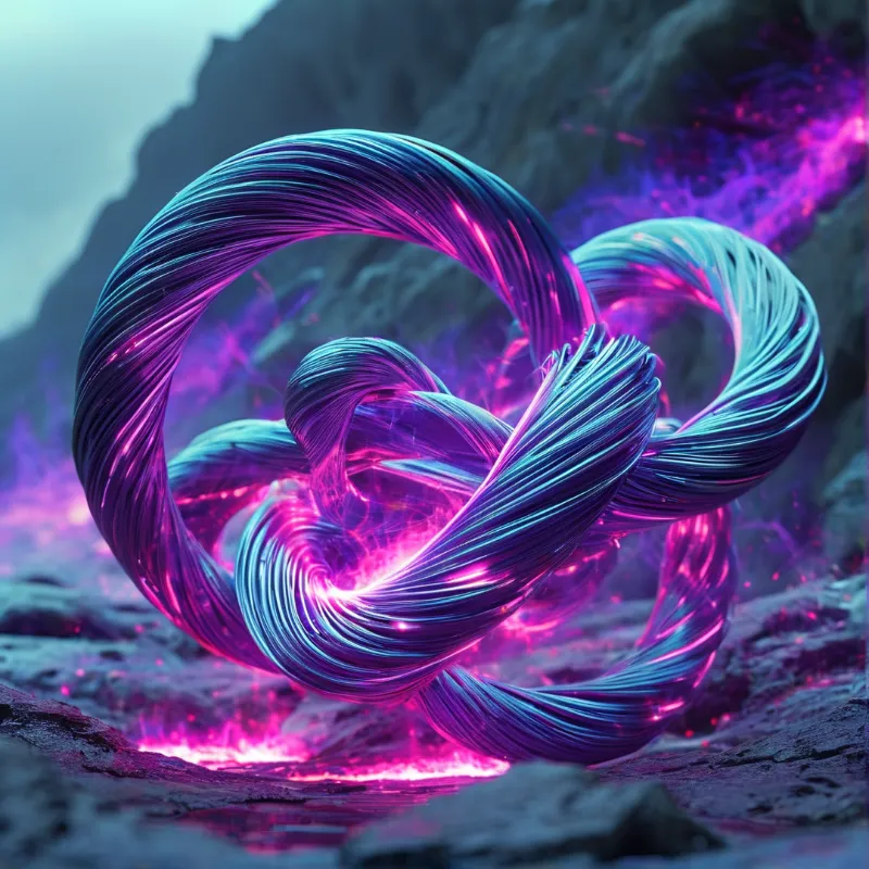 A twisted ribbon of pink and blue glowing fibers rests upon dark rocky terrain.