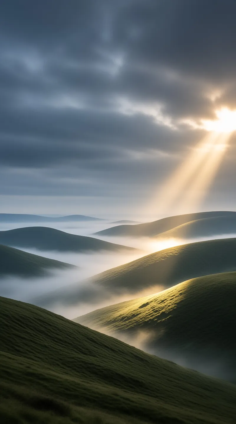 Golden light rays spill through heavy clouds onto undulating grass hills layered with drifting fog.