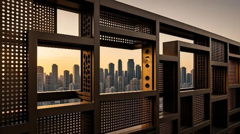 Dark perforated metal grid windows look out onto a dense high-rise city bathed in warm golden sunset light.
