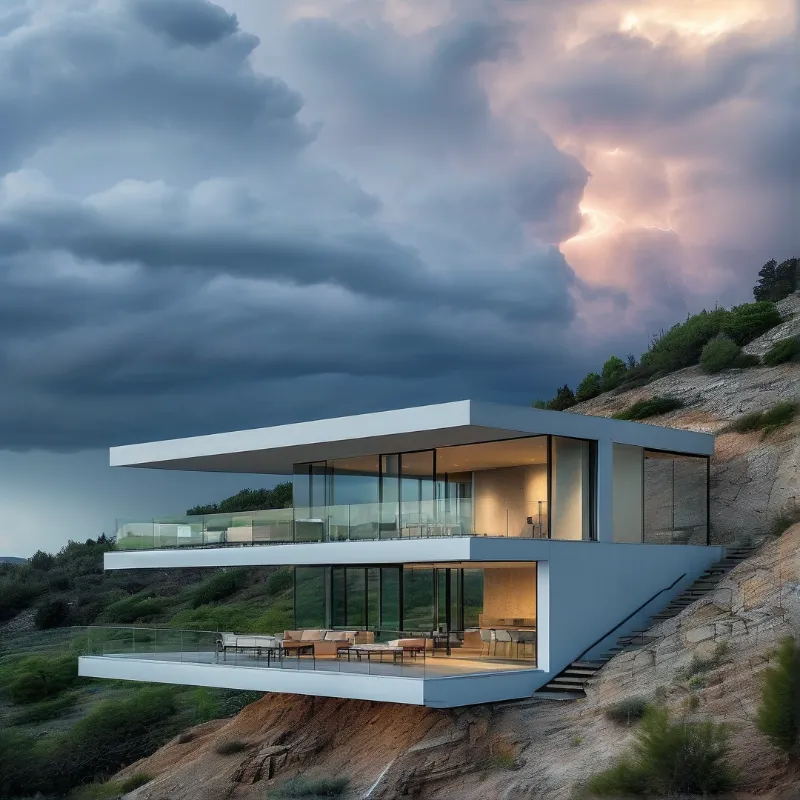 A white two-story modern house is built into a rocky slope under dark clouds with lightning visible in the distance.