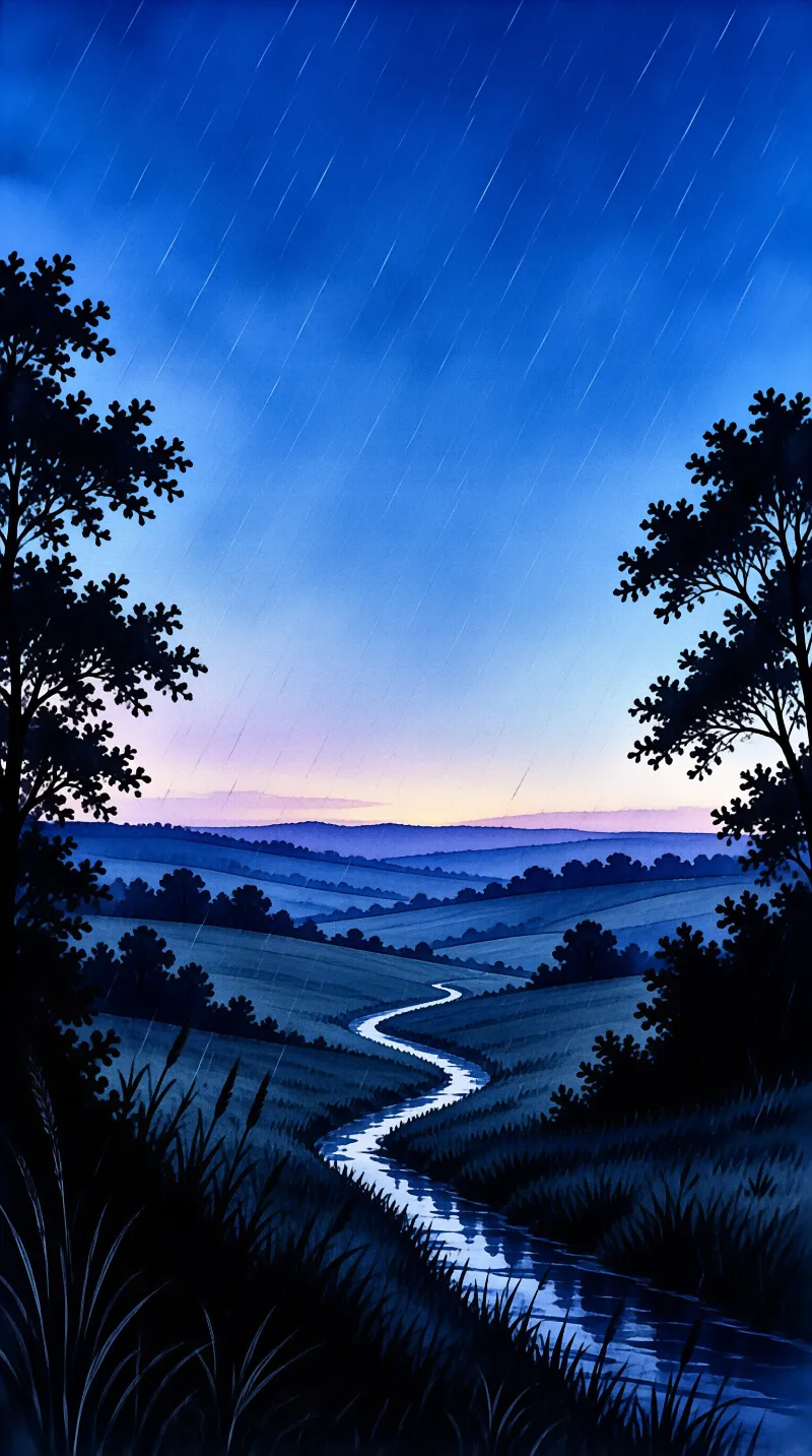 A narrow river snakes through rolling hills beneath streaks of rain, framed by dark trees against a violet dusk sky.