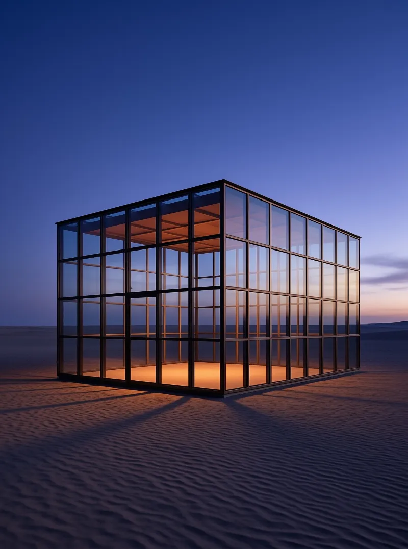A warm lit glass box with a black steel frame stands on rippled desert sand under a deep blue twilight sky.