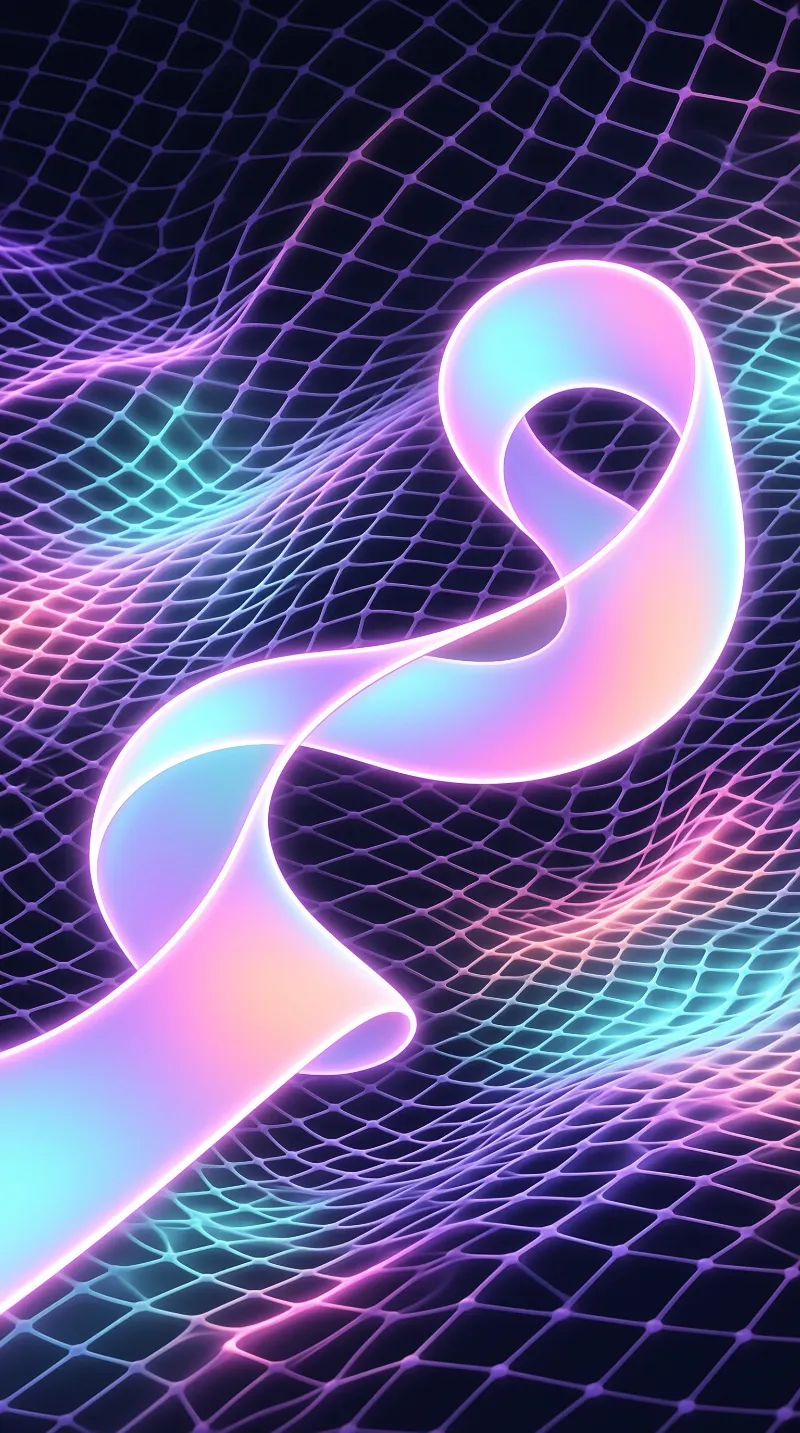 A luminous serpentine form undulates over a distorted mesh background with vibrant pink and blue hues.