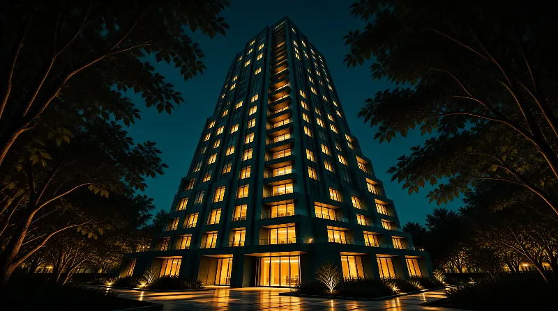 A multi story building glows with warm yellow light from its windows against a deep blue night sky surrounded by trees.