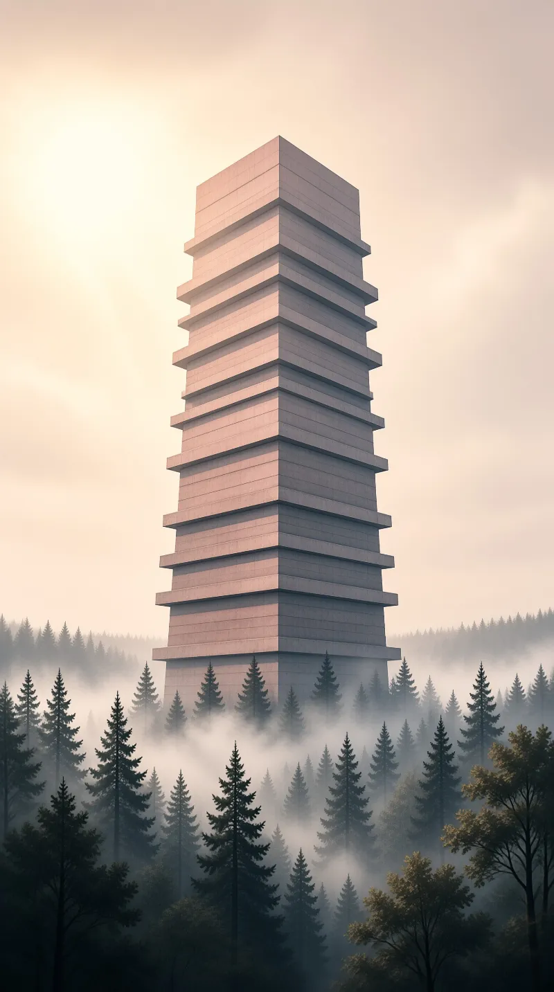 A monolithic stepped concrete tower looms above fog-shrouded pines under a warm overcast sky.