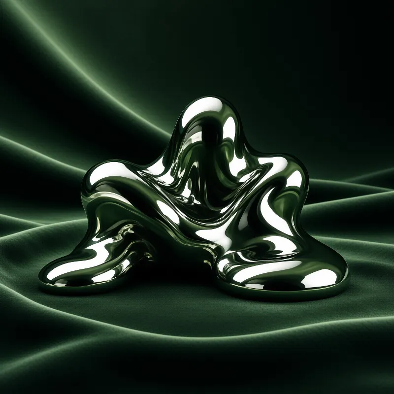 A shiny amorphous green object rests upon folded dark fabric while a beam of light shines from the upper left corner casting strong reflections.
