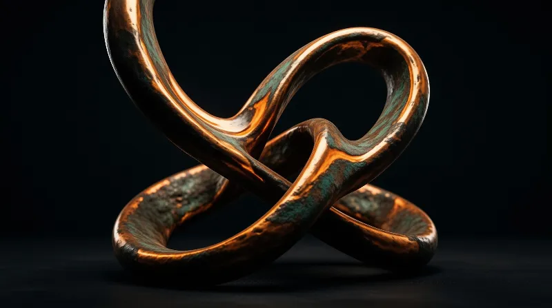 A twisted metallic loop featuring orange copper tones and green patina rests on a dark surface under dramatic studio lighting.