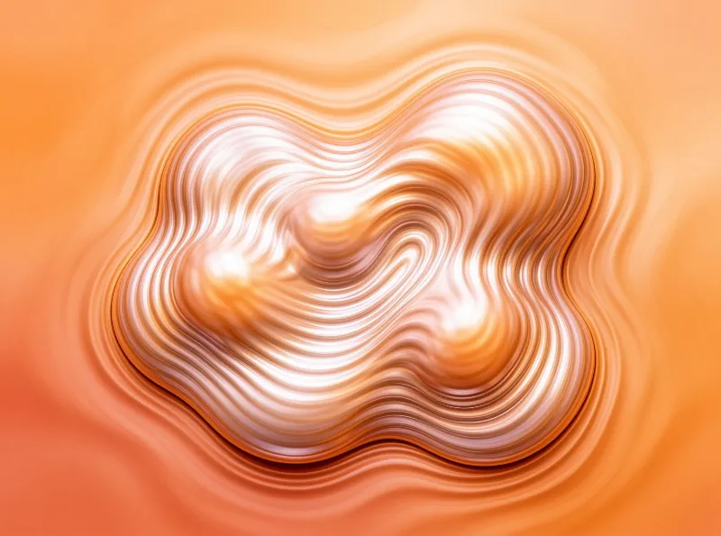 An organic blob of tightly packed wavy lines glows cream and coral against a smooth peach gradient.