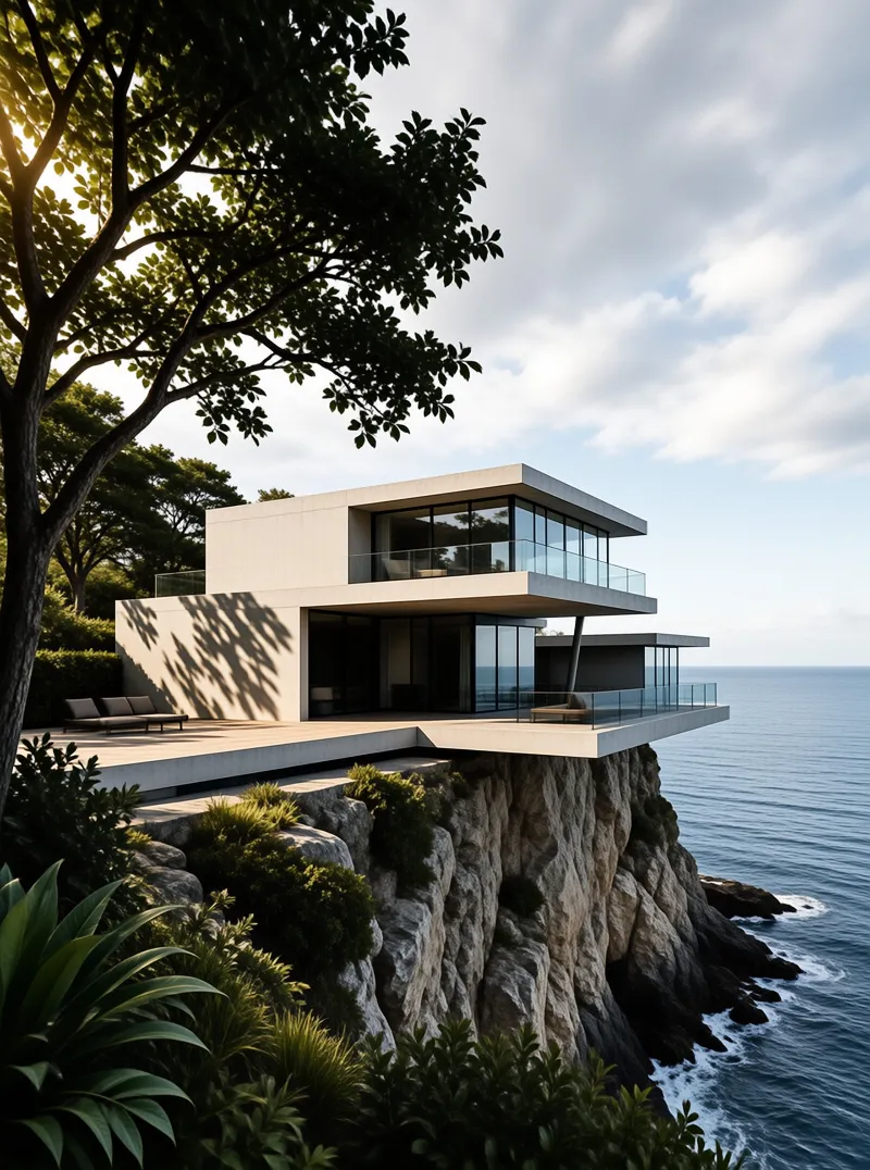 A minimalist white two-story home perched on a rocky coastal cliff with glass balconies under soft warm afternoon light.
