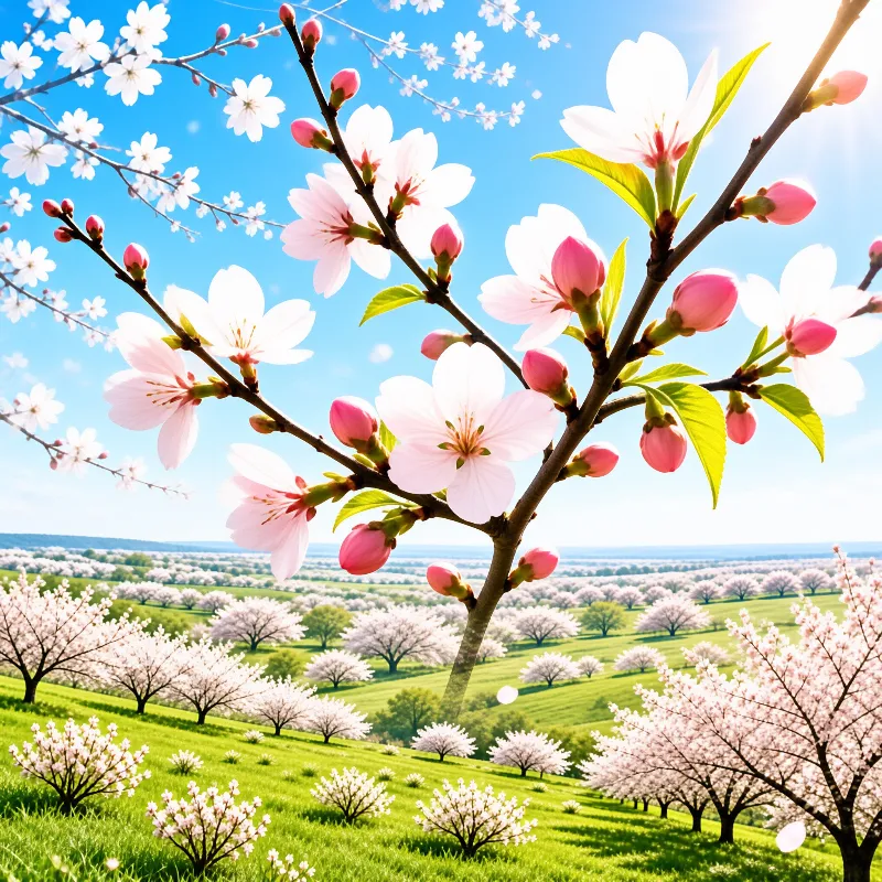 A close-up of pale pink blossoms and buds on a branch set against a vast rolling orchard stretching to the horizon.