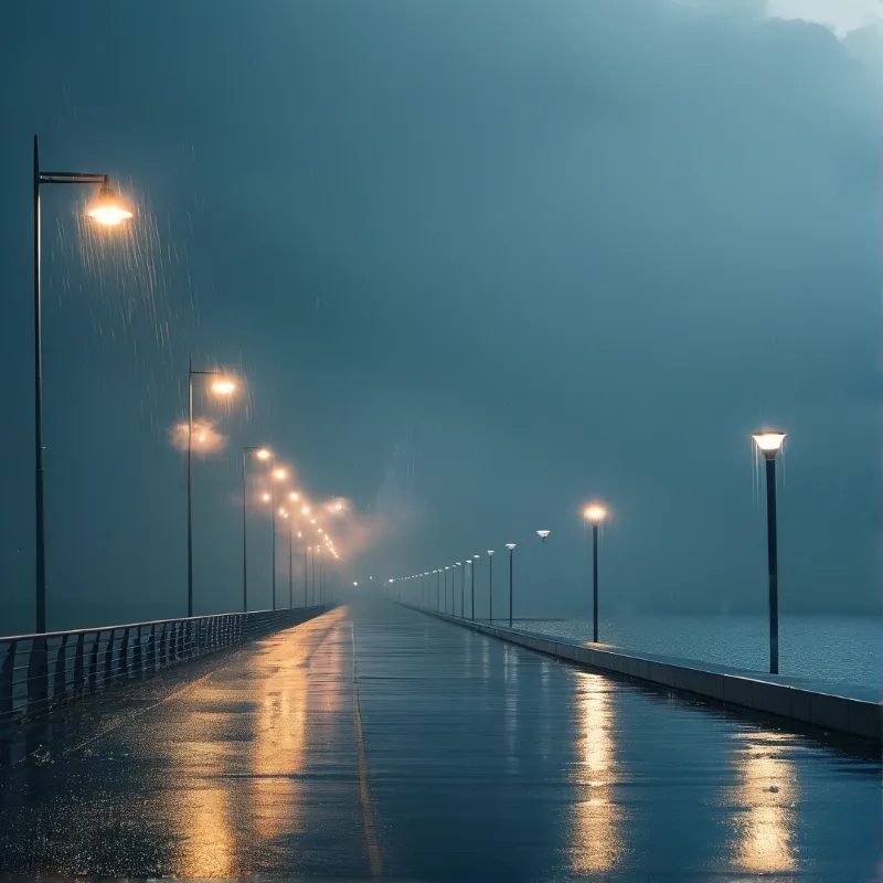 A wet pier extends into blue rainy distance while glowing lamps cast golden reflections on the slick paved surface.