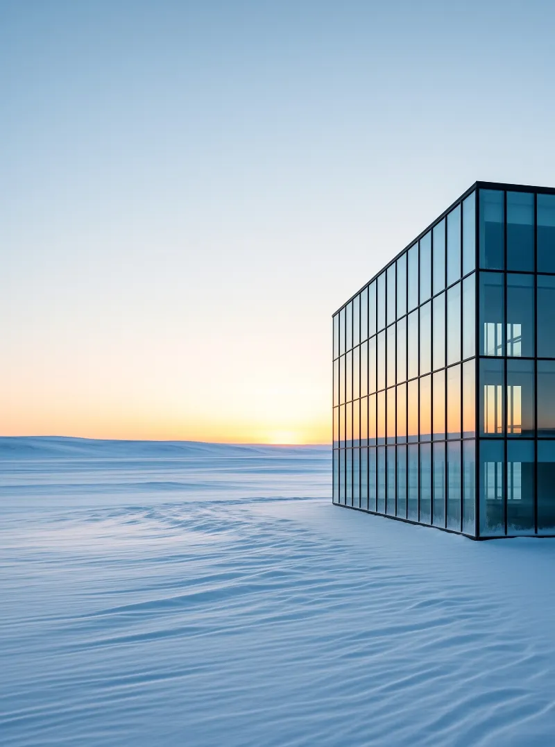 A modern glass building stands in a snow-covered field, reflecting the warm orange glow of a sunset on the horizon.